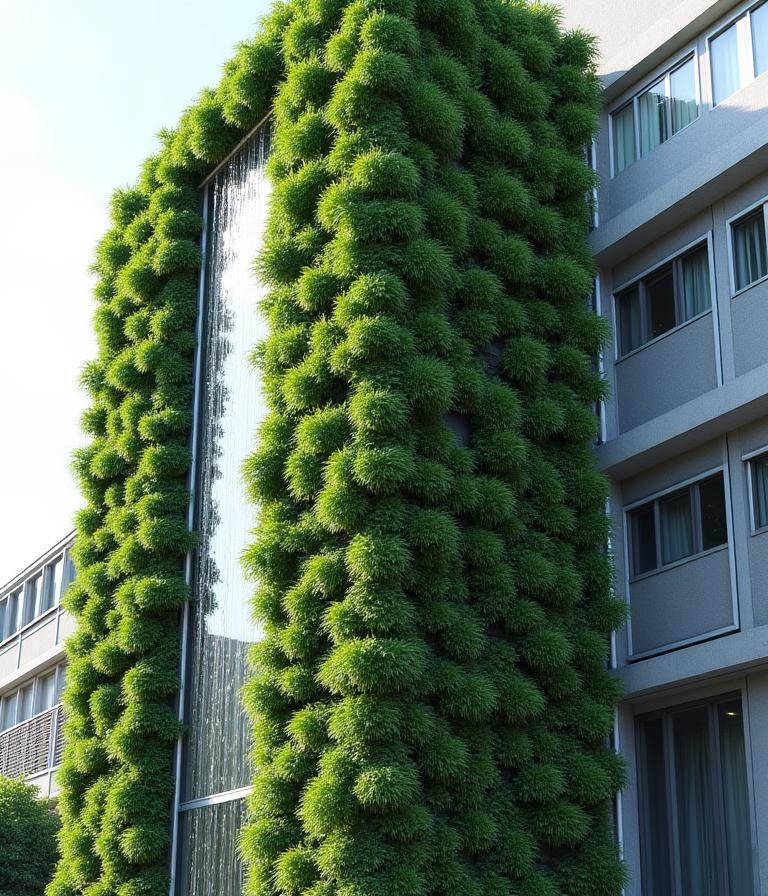 Vertikale Wasserwand mit grüner Fassade